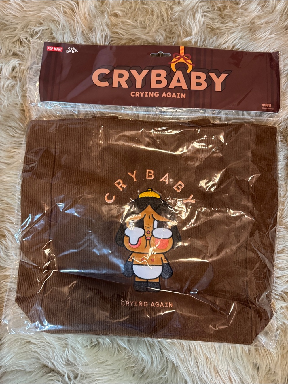 Crybaby Brown Embroidered Tote Bag by Pop Mart